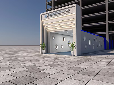 Modern Elevator Hallway With White Structure Circular Cutouts Green Plants And Gray Stone Tile Floor 3d model