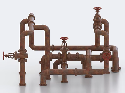 Detailed Rusty Industrial Metal Pipes Structure With Red Valves And Connections 3d model