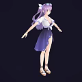 Game And Movie Character Purple Hair White Top Purple Skirt Bow Accessories High Heels