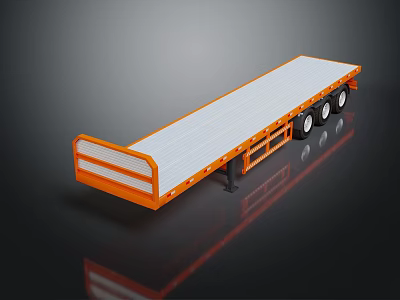 Orange Flatbed Trailer With White Platform And Multiple Wheels On Dark Background 3d model