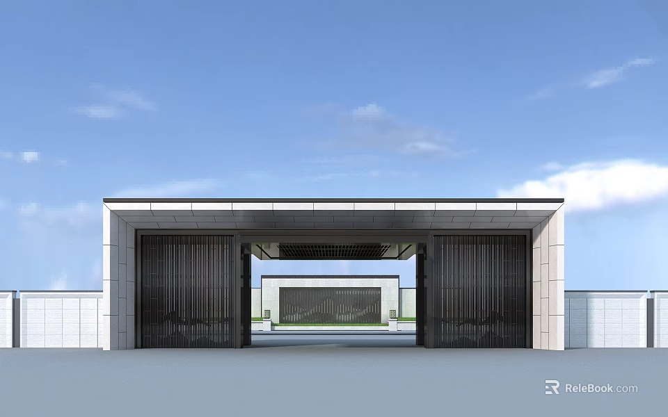 Modern Entrance Gate Design With Dark Grilles And White Wall Under Blue Sky 3d model 