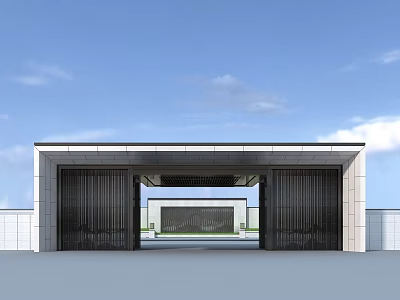 Modern Entrance Gate Design With Dark Grilles And White Wall Under Blue Sky 3d model