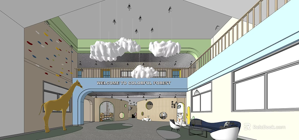 Kindergarten Interior With Cloud Pendant Lights Colorful Walls And Giraffe Decoration 3d model 