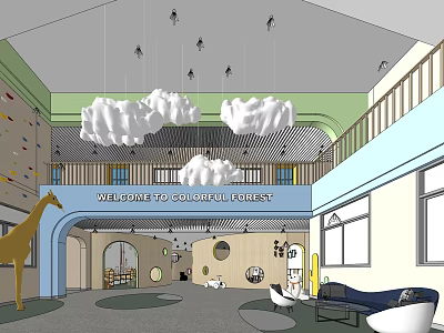 Kindergarten Interior With Cloud Pendant Lights Colorful Walls And Giraffe Decoration 3d model