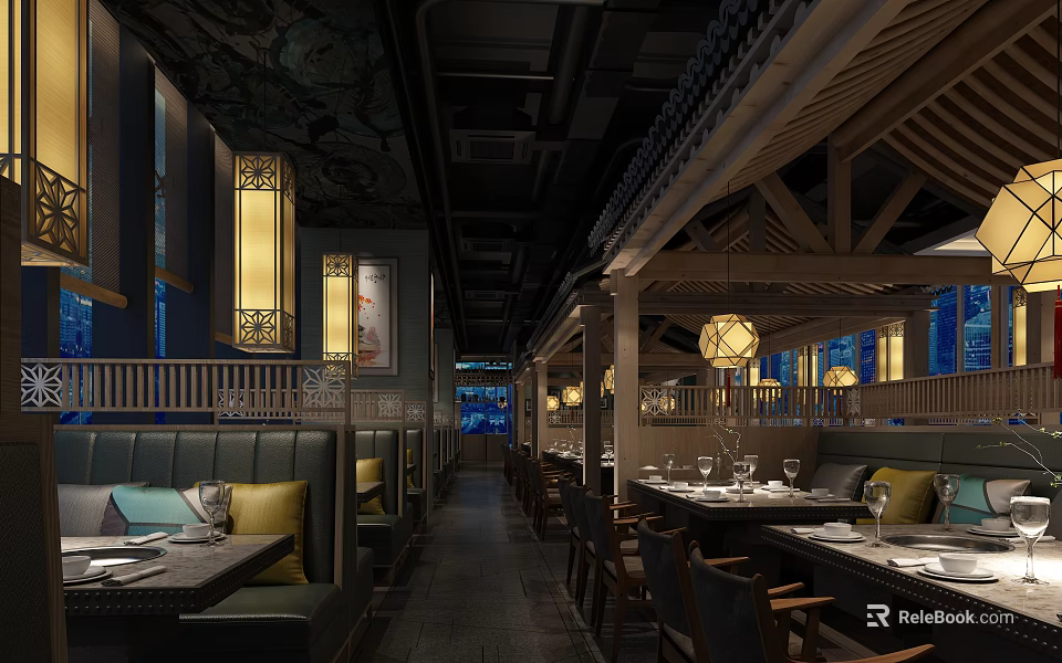 Traditional Chinese Hot Pot Restaurant Interior With Wooden Structure And Lanterns 3d model 