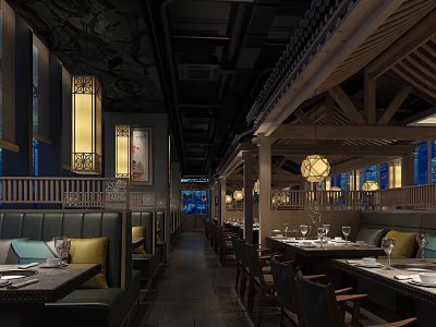 Traditional Chinese Hot Pot Restaurant Interior With Wooden Structure And Lanterns 3d model