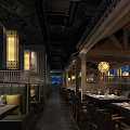 Traditional Chinese Hot Pot Restaurant Interior With Wooden Structure And Lanterns