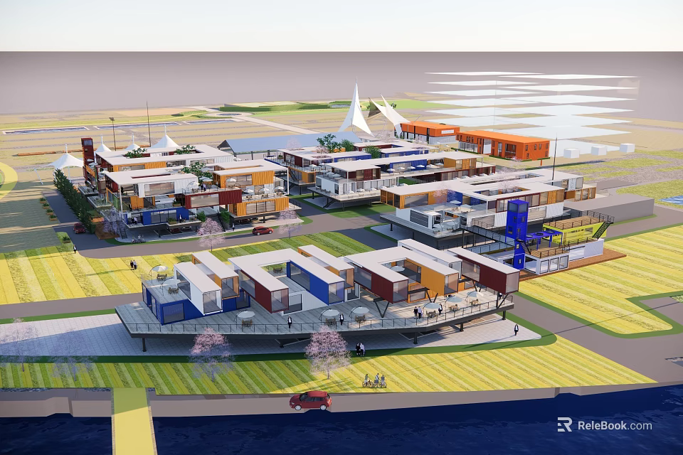 Colorful Container Buildings Forming Modern Modular Community With Green Spaces And Open Areas 3d model 