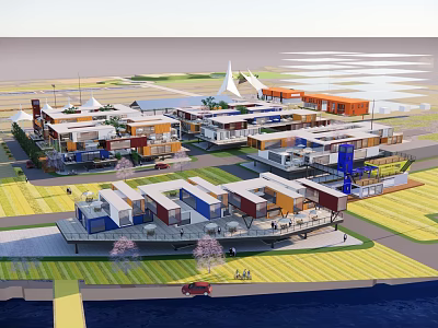 Colorful Container Buildings Forming Modern Modular Community With Green Spaces And Open Areas 3d model