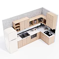 Modern Kitchen Interior With Wooden Upper And Lower Cabinets Refrigerator Sink And Oven