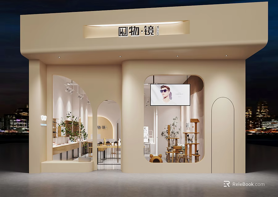 Modern Beige Boutique Store With Display Shelves Green Plants Lighting Large Screen And Night View 3d model 