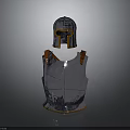Medieval Silver Armor With Helmet Breastplate Golden Trim Brown Straps And Decorative Patterns