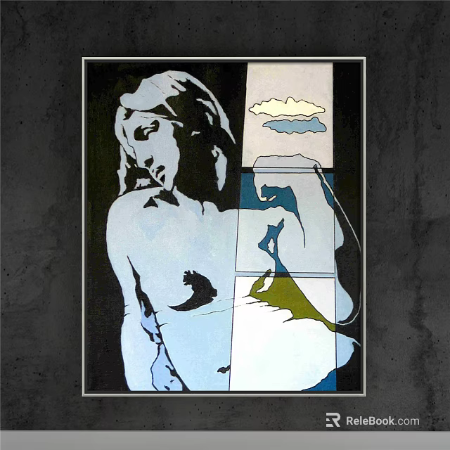 Abstract Female Figure Portrait Painting With Split Composition Blue White Tones Cloud Fish 3d model 