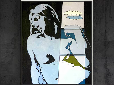 Abstract Female Figure Portrait Painting With Split Composition Blue White Tones Cloud Fish 3d model