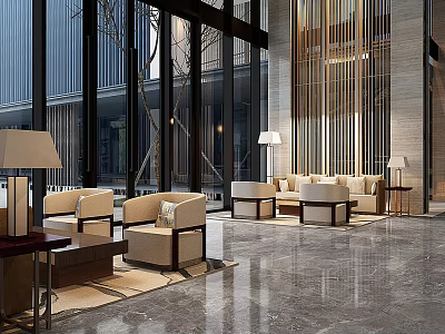 Modern Hotel Public Lounge Area With Comfortable Sofas Armchairs Coffee Tables And Floor Lamps 3d model
