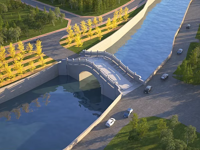 Stone Arch Bridge Over River With Road Cars Lush Greenery And Trees 3d model
