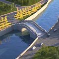 Stone Arch Bridge Over River With Road Cars Lush Greenery And Trees