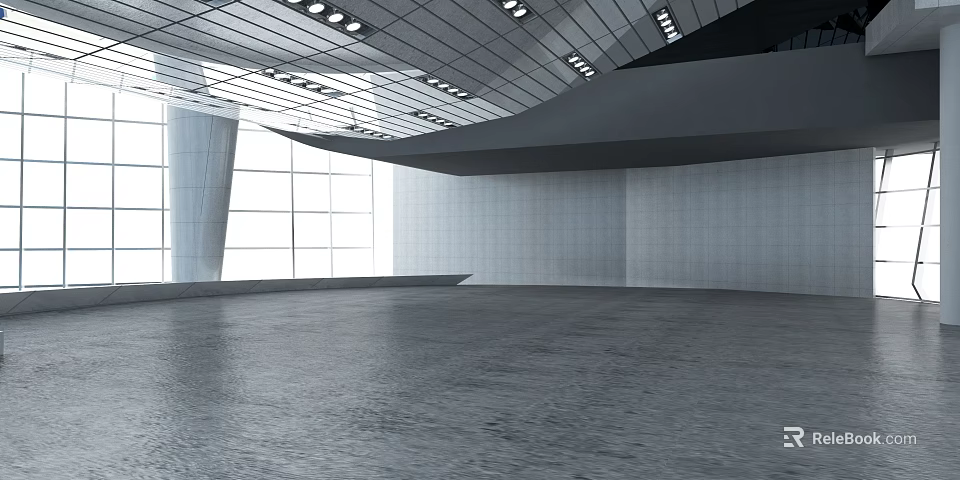 Modern Spacious Interior Space With Large Windows And Unique Ceiling 3d model