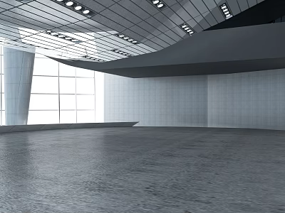 Modern Spacious Interior Space With Large Windows And Unique Ceiling 3d model