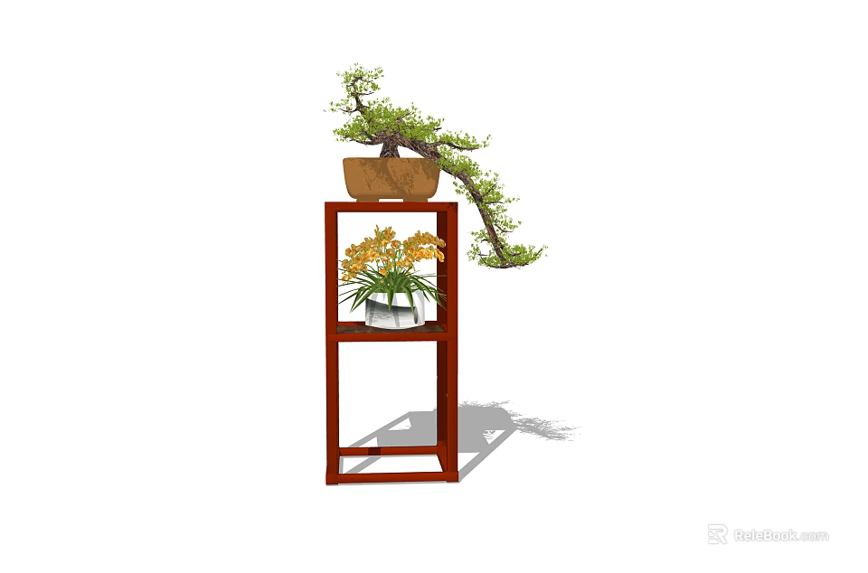 Bonsai Potted Plant on Two Tiered Red Wooden Stand with Curved Branches and Yellow Flowers 3d model 