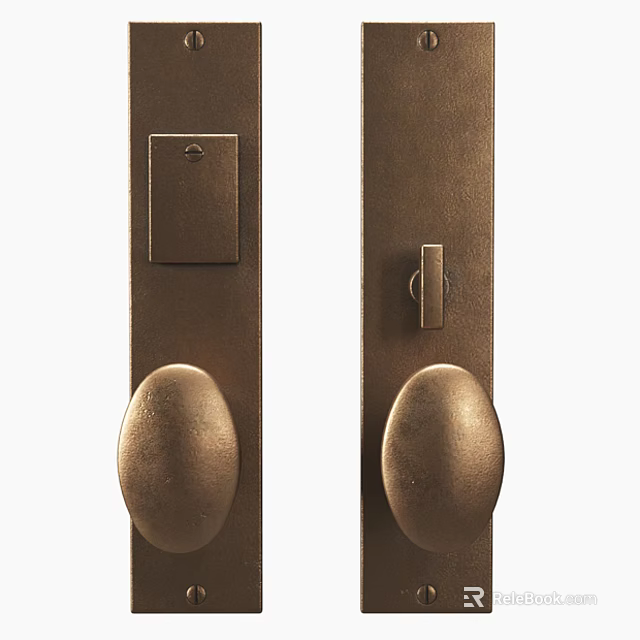 Vintage Brass Door Handles With Rectangular Panel And Lock Mechanism 3d model 