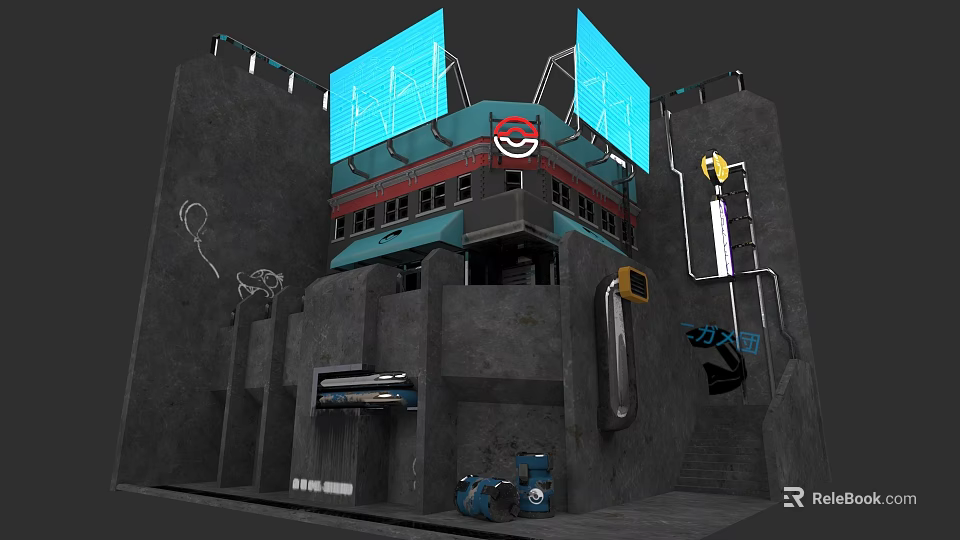 Future Architecture Design With Blue Screens Modern Structure And Mechanical Elements 3d model 