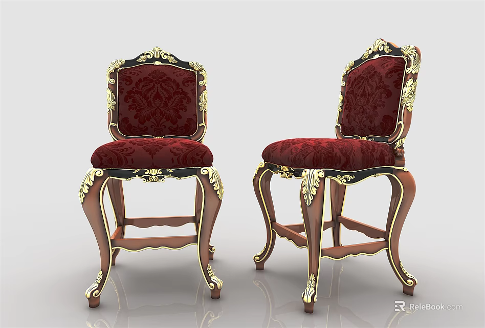 Classic European Style Dining Chairs With Red Velvet Seats And Gold Carved Details 3d model 