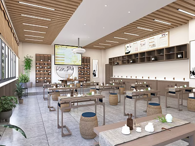 Traditional Chinese Tea House Interior with Wooden Tables Chairs Tea Sets and Green Plants 3d model