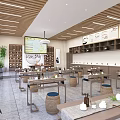 Traditional Chinese Tea House Interior with Wooden Tables Chairs Tea Sets and Green Plants