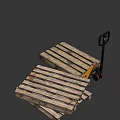 Industrial Manual Pallet Jack With Stacked Wooden Pallets And Handle Wheels