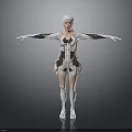 White Haired Female Character In Futuristic Mechanical Outfit With Outstretched Arms Standing On Gray Background