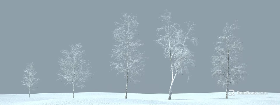 Three Snow Covered Arbor Trees Standing On Snowy Ground Under Gray Sky 3d model