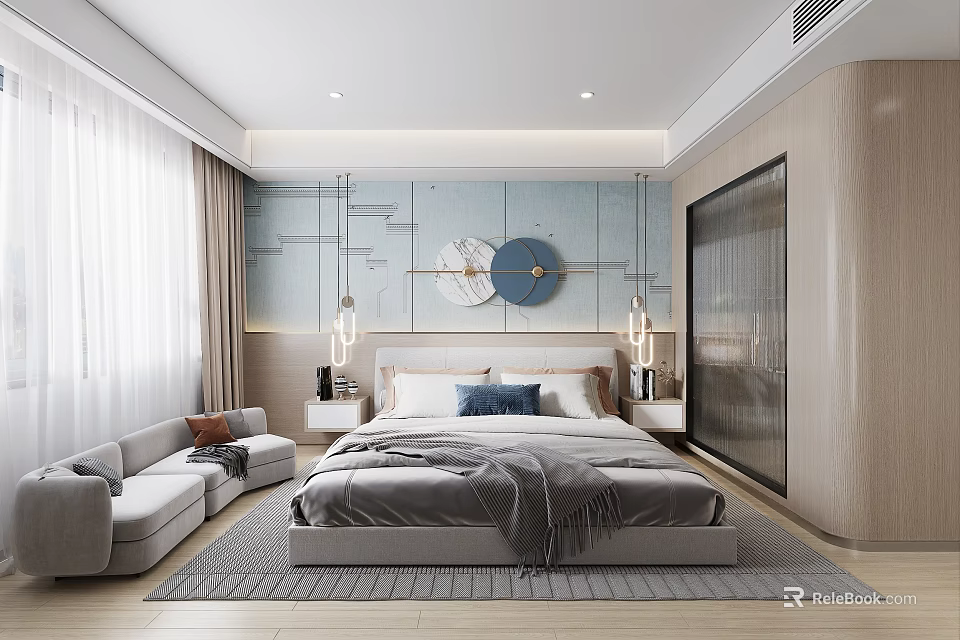 Modern Hotel Guest Room With Large Bed Gray Bedding Decorative Wall Art Sofa And Area Rug 3d model 