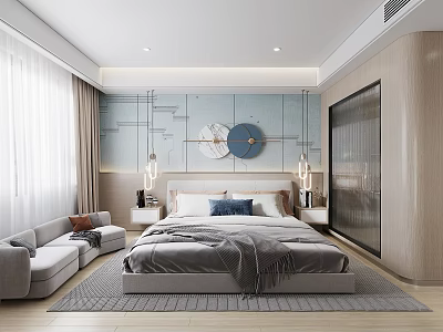 Modern Hotel Guest Room With Large Bed Gray Bedding Decorative Wall Art Sofa And Area Rug 3d model