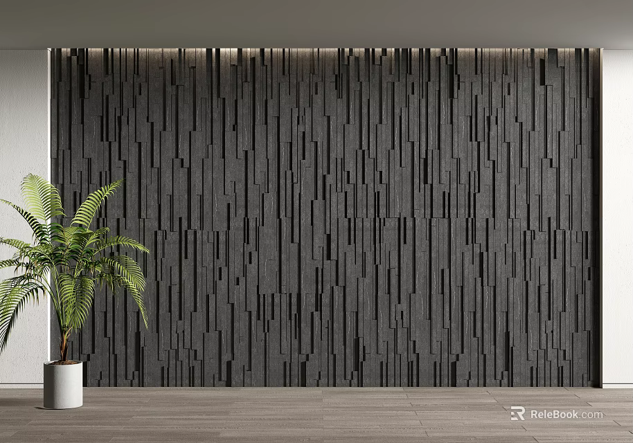 Black Textured Background Wall with Vertical Stripes and Green Potted Plant on Light Wood Floor 3d model 