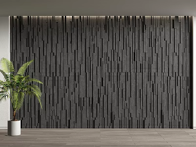Black Textured Background Wall with Vertical Stripes and Green Potted Plant on Light Wood Floor 3d model