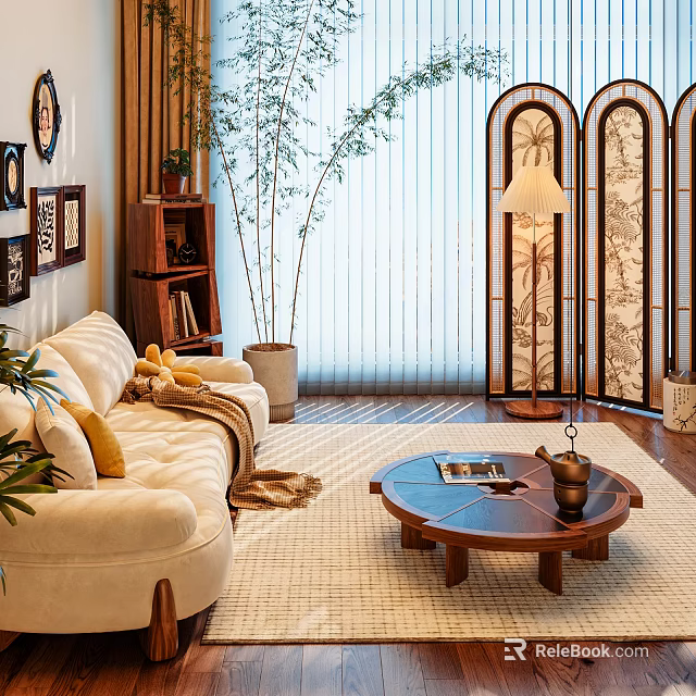 Cozy Living Room Interior With Beige Sofa Yellow Cushions Round Wooden Coffee Table 3d model 