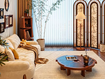 Cozy Living Room Interior With Beige Sofa Yellow Cushions Round Wooden Coffee Table 3d model