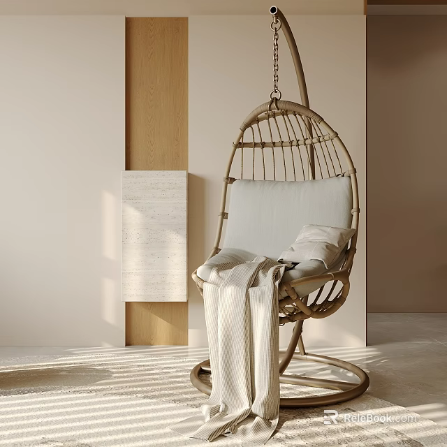 Wicker Hanging Chair With White Cushion And Soft Blanket In Minimalist Indoor Space 3d model 