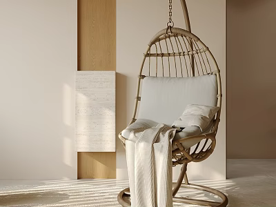 Wicker Hanging Chair With White Cushion And Soft Blanket In Minimalist Indoor Space 3d model