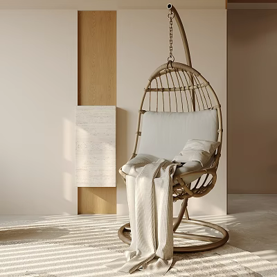 Wicker Hanging Chair With White Cushion And Soft Blanket In Minimalist Indoor Space 3d model