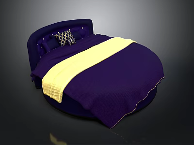 Elegant Purple Round Bed With Yellow Blanket And Decorative Pillows 3d model