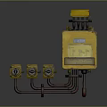 Industrial Yellow Electrical Control Box With Number 095 Three Meters and Rusty Connecting Pipes