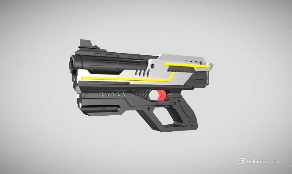 Futuristic Sci Fi Gun With Black Silver Body Yellow Accents And Red Button Handle 3d model 