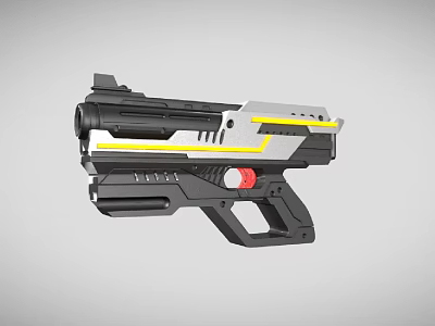 Futuristic Sci Fi Gun With Black Silver Body Yellow Accents And Red Button Handle 3d model