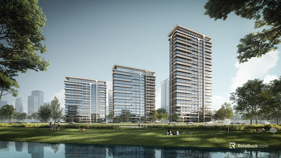 Modern High Rise Residential Buildings With Green Lawn Trees And Waterfront View 3d model 
