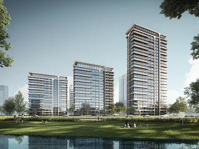 Modern High Rise Residential Buildings With Green Lawn Trees And Waterfront View 3d model