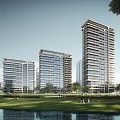 Modern High Rise Residential Buildings With Green Lawn Trees And Waterfront View