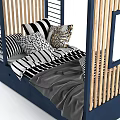 House Shaped Kids Bed with Blue Wooden Frame Roof Railings Storage Drawers and Cozy Pillows
