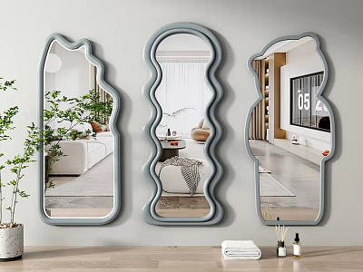 Irregular Shaped Mirrors with Gray Frames Hanging on Wall Reflecting Modern Interior Spaces 3d model